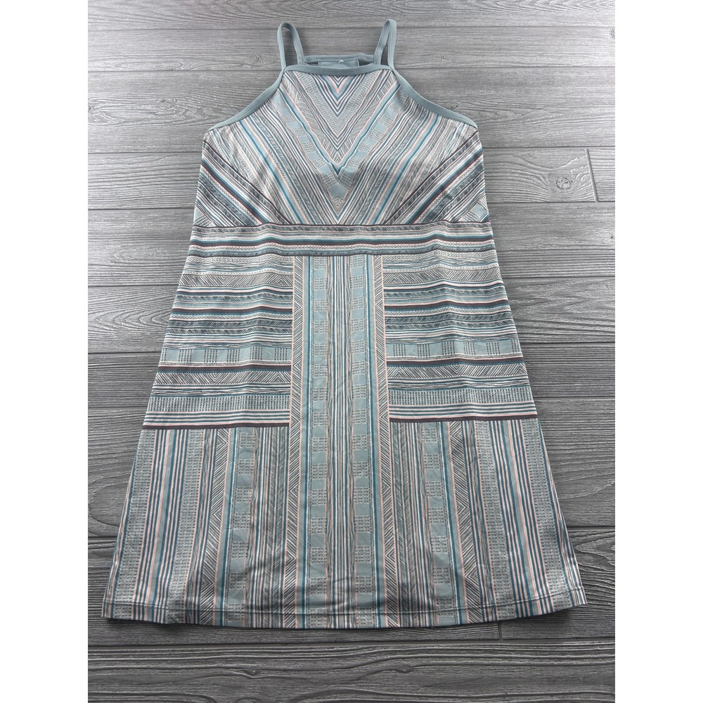 Prana Quinn Dress Blue Pink Geometric Stripe Strappy Back Built-in Bra Large